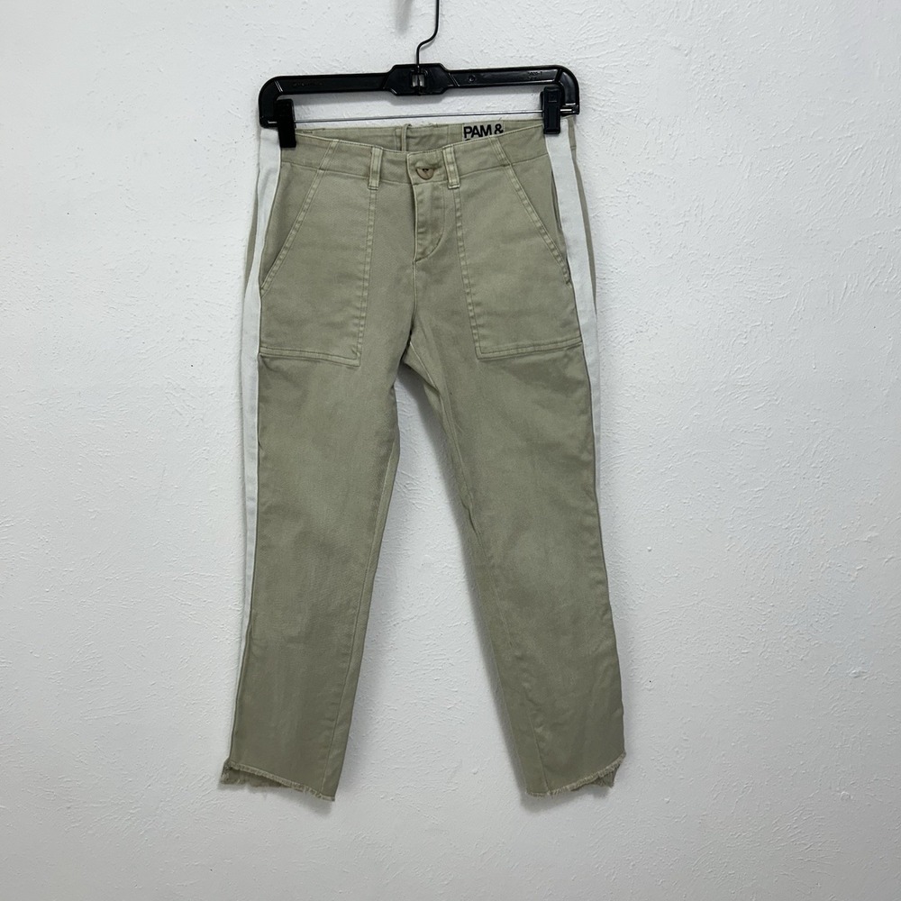 Pam & Gela Uniform Lace Up Jeans Pants Khaki Side Stripe Mid Rise Step Hem 24